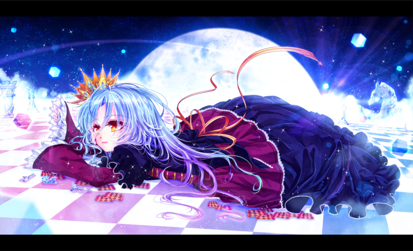 1girl alternate_costume card checkered checkered_floor chess_piece crown dice dress frilled_dress frilled_sleeves frills highres light_smile long_hair lying mokoppe on_stomach orange_eyes playing_card shiro_(no_game_no_life)