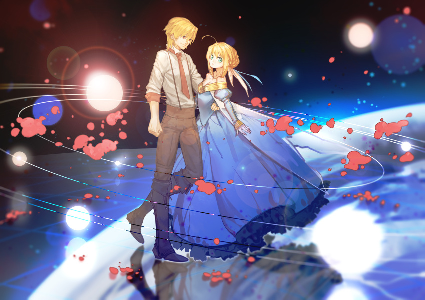 1boy 1girl absurdres ahoge alternate_costume blonde_hair boots breasts cleavage dress earrings fate/zero fate_(series) gilgamesh green_eyes hair_ribbon height_difference highres jewelry lilin99jh necktie red_eyes ribbon saber suspenders