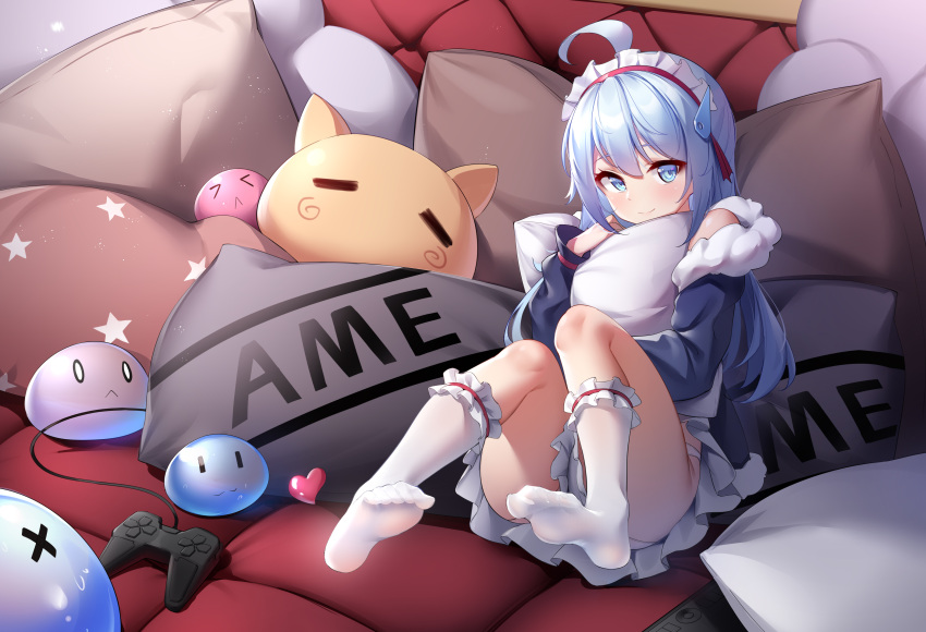&gt;_&lt; 0_0 1girl :&lt; :3 absurdres ahoge bangs blue_eyes blue_hair blue_jacket blush chinese_commentary commentary_request controller creature dashed_eyes feet frilled_legwear full_body fur-trimmed_jacket fur_trim game_controller hair_between_eyes hair_ornament highres jacket k.t.cube kneehighs knees_up long_sleeves looking_at_viewer maid_headdress no_shoes off_shoulder original panties pillow pillow_hug skirt slime_(creature) smile soles solo toes underwear white_legwear white_panties white_skirt x_x |_|