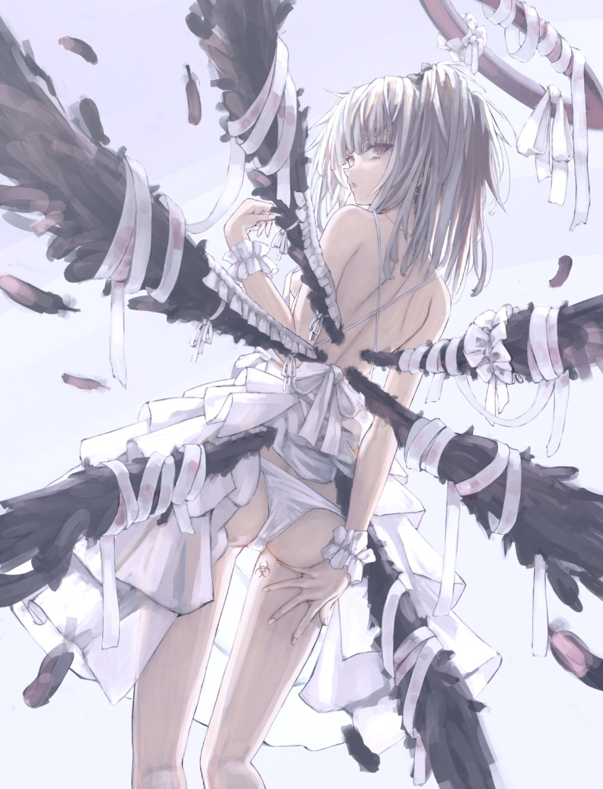 1girl angel ass back biohazard_symbol black_bow black_feathers black_wings bow brown_eyes dress feathers fingernails frills grey_hair hair_bow halo highres leg_tattoo long_hair looking_at_viewer looking_back multiple_wings original osabachan panties parted_lips solo symbol-shaped_pupils tattoo twintails underwear white_bow white_dress white_panties wings
