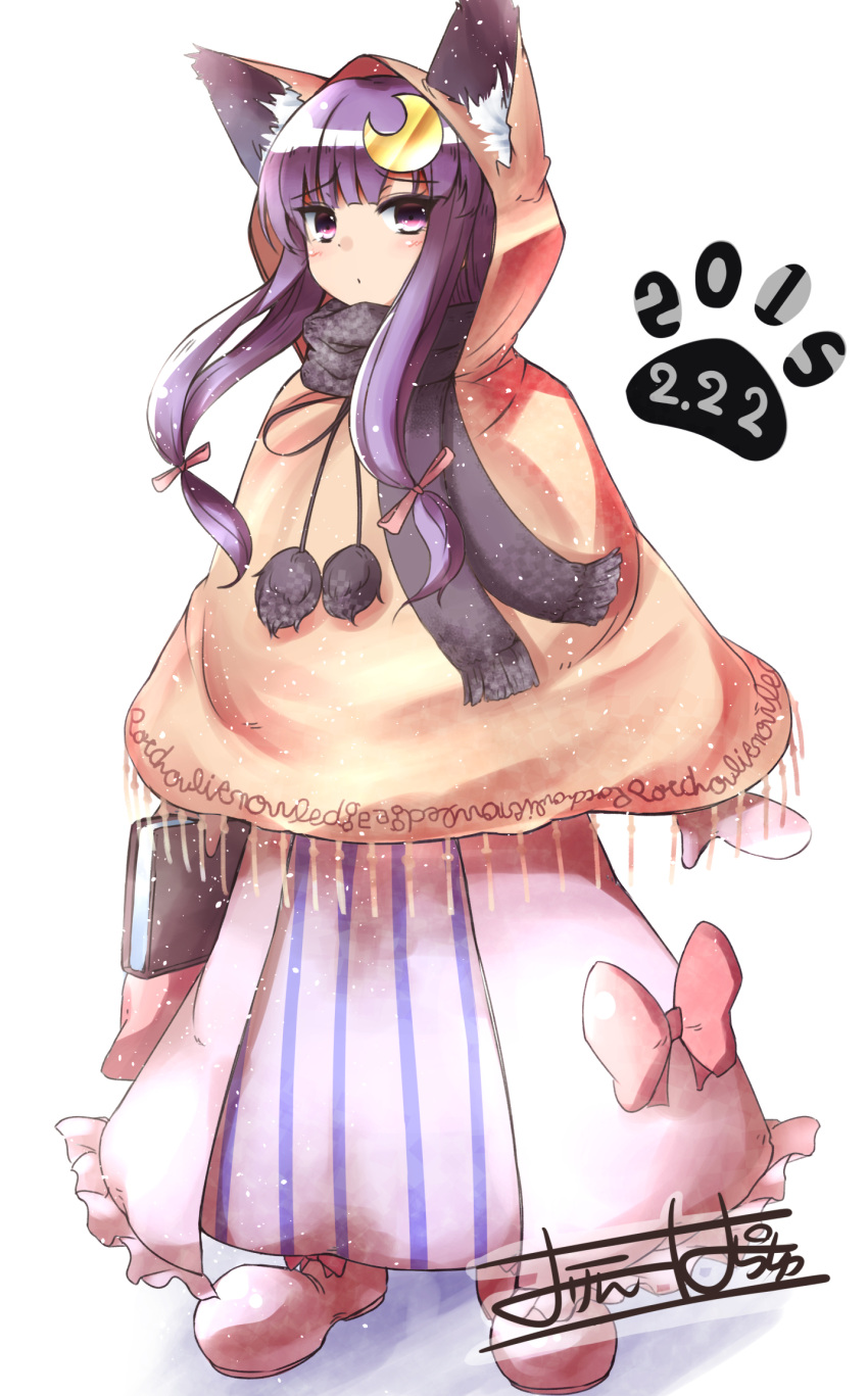 1girl 2015 animal_ears animal_hood blush book cat_ears cat_hood crescent_hair_ornament dated dress hair_ornament highres hood long_hair looking_at_viewer orinpachu patchouli_knowledge paw_print poncho purple_hair shoes solo touhou tsurime violet_eyes