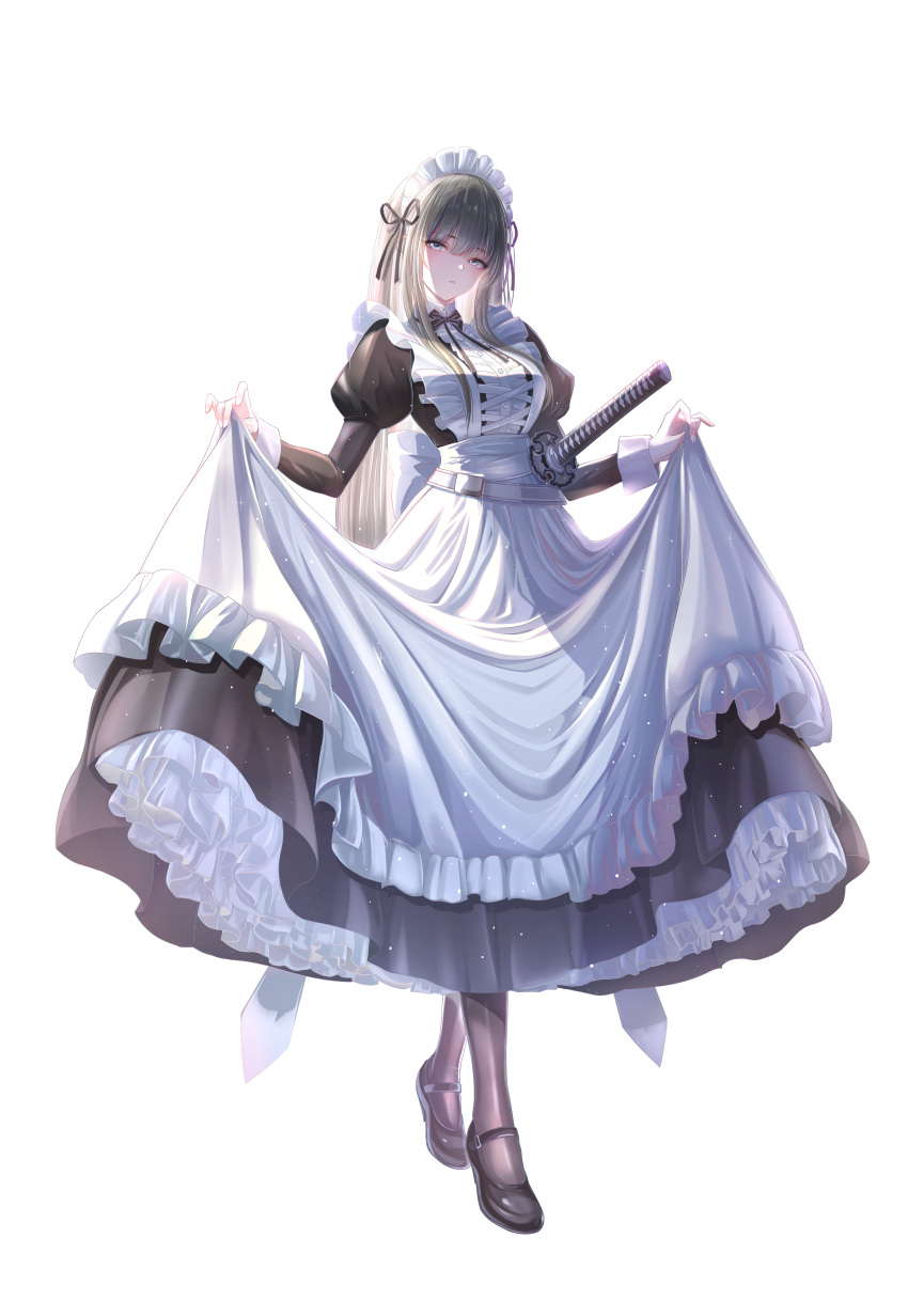 1girl absurdres apron black_dress black_pantyhose blue_eyes breasts dress full_body highres katana large_breasts long_dress long_hair maid maid_headdress masukudo_(hamamoto_hikaru) original pantyhose petticoat simple_background solo sword very_long_hair weapon white_apron white_background