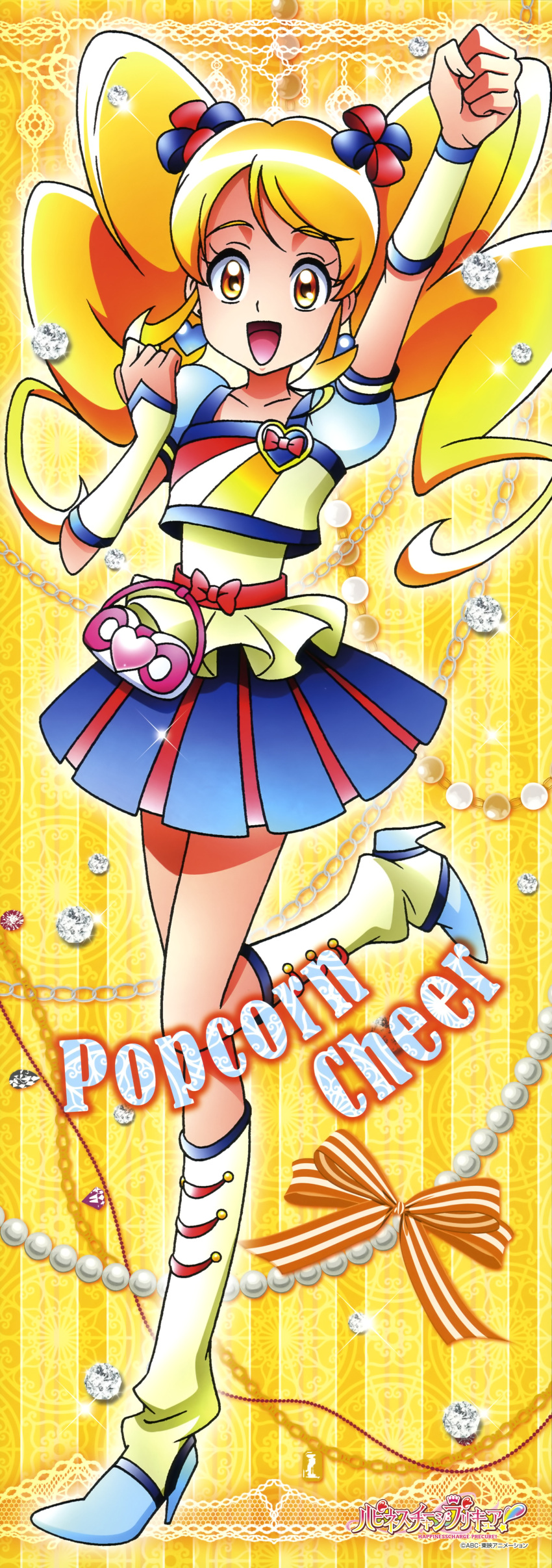 1girl :d absurdres alternate_form blonde_hair blue_skirt boots cheerleader cure_honey earrings female hair_ornament hairpin happinesscharge_precure! high_heels highres jewelry knee_boots long_hair magical_girl multiple_girls official_art oomori_yuuko open_mouth payot popcorn_cheer precure puffy_sleeves satou_masayuki skirt smile solo twintails wrist_cuffs yellow_eyes