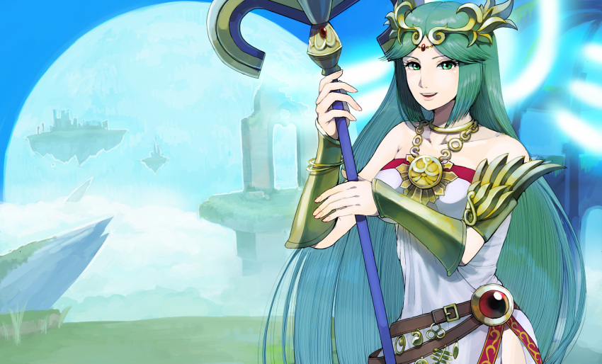 1girl armband artist_request bare_shoulders breasts floating_island goddess green_eyes green_hair hair_ornament halo highres jewelry kid_icarus long_hair looking_at_viewer moon necklace palutena scenery smile solo staff super_smash_bros. weapon wings