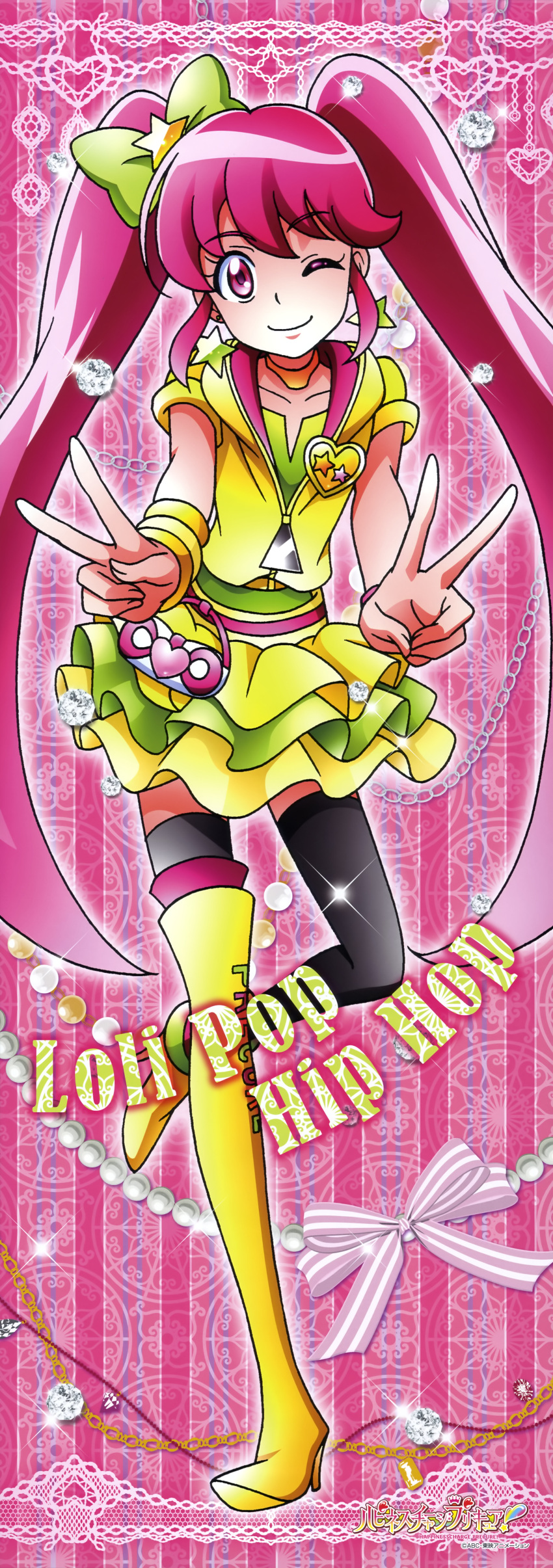 1girl absurdres aino_megumi alternate_form asymmetrical_legwear bow cure_lovely earrings frills hair_bow hand_on_hip happinesscharge_precure! highres jacket jewelry lollipop_hip_hop long_hair magical_girl mismatched_footwear multiple_girls official_art one_eye_closed pink_eyes pink_hair precure satou_masayuki skirt thigh-highs twintails wrist_cuffs