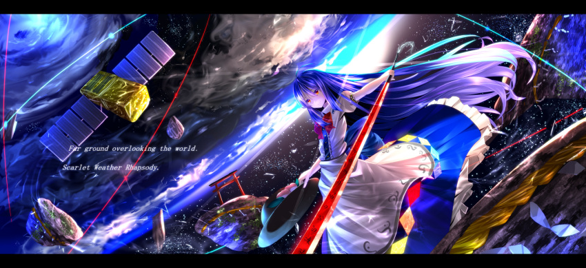 1girl blue_hair bow earth food fruit hat hat_removed headwear_removed hinanawi_tenshi holding keystone letterboxed long_hair peach red_eyes revision ryosios satellite smile solo space star sword sword_of_hisou text torii touhou very_long_hair weapon wind