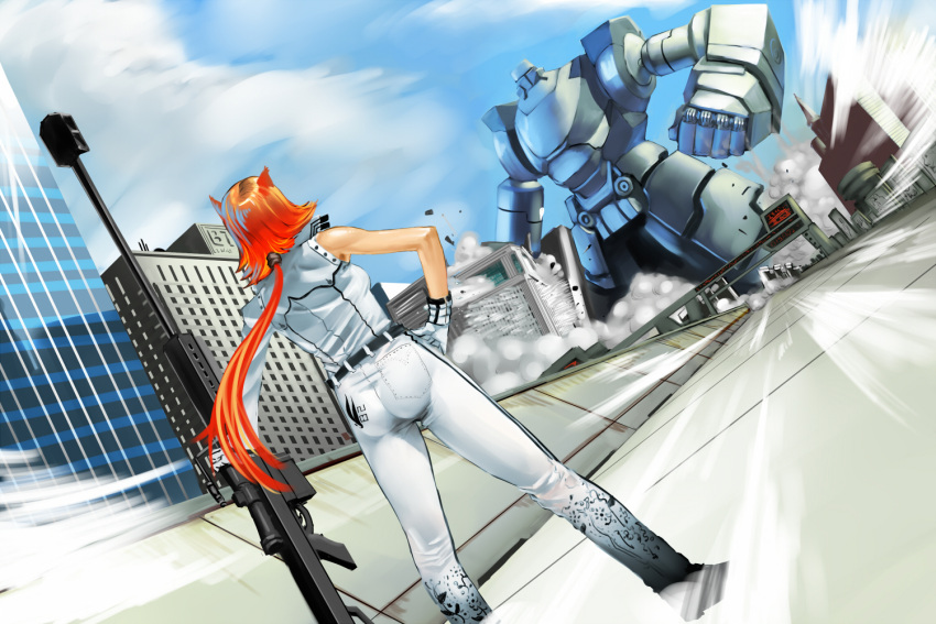 1girl animal_ears anti-materiel_rifle ass battle cat_ears city confrontation destruction dust_cloud dutch_angle emphasis_lines faceoff from_behind gloves gun hand_on_hip long_hair mecha orange_hair original pants planted_weapon ponytail rifle robot ryao size_difference sleeveless small_breasts sniper_rifle weapon white_gloves