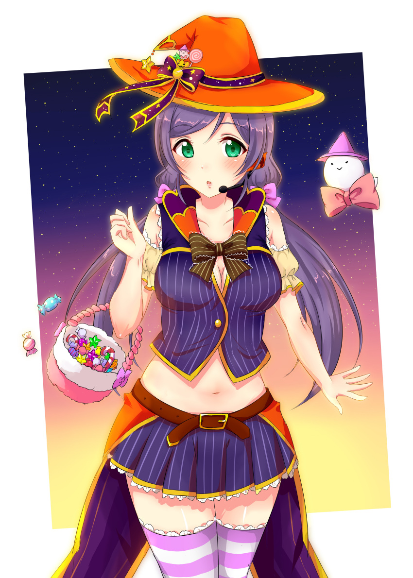 1girl absurdres artist_request breasts candy ghost green_eyes halloween hat highres long_hair looking_at_viewer love_live!_school_idol_project midriff purple_hair solo striped striped_legwear thigh-highs toujou_nozomi twintails witch_hat