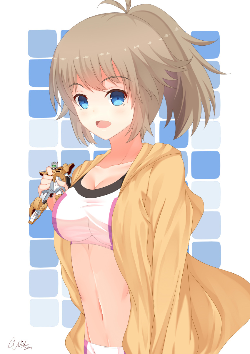 1girl absurdres bike_shorts blue_eyes blush breasts brown_hair gundam gundam_build_fighters gundam_build_fighters_try highres hoodie hoshino_fumina jacket large_breasts looking_at_viewer midriff open_mouth ponytail powered_gm_cardigan scrunchie short_hair smile solo sports_bra