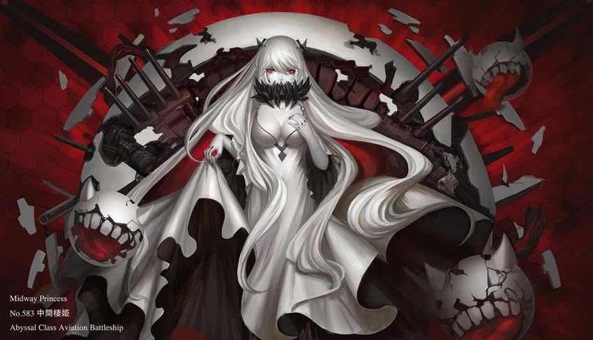 1girl black_nails breasts character_name cleavage cowboy_shot deep_skin dress dress_lift fingernails hand_on_own_chest honeycomb_background horns kantai_collection large_breasts long_fingernails long_hair long_sleeves machinery midway_hime monster narcolepsy number red_background red_eyes sharp_fingernails shinkaisei-kan solo turret very_long_hair white_dress white_hair white_skin