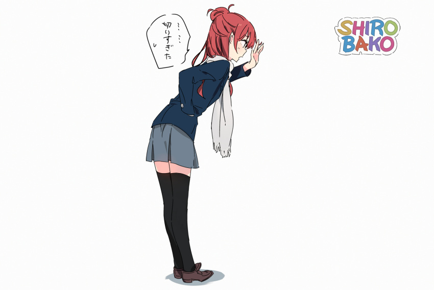 1girl arm_up blazer hair_bun highres ponkan_8 redhead sakaki_shizuka scarf school_uniform shirobako skirt solo thigh-highs