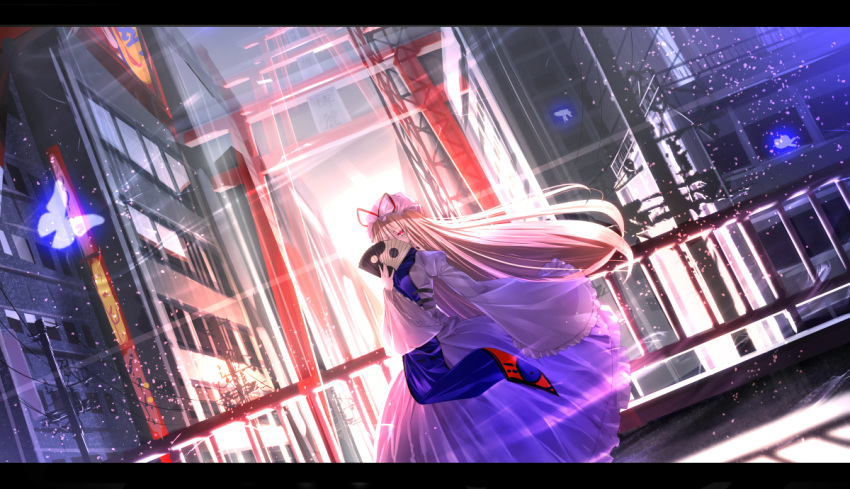 1girl blonde_hair building butterfly covering_mouth dutch_angle fan folding_fan glowing hat hat_ribbon holding letterboxed long_hair long_sleeves petals railing red_eyes revision ribbon ryosios solo torii touhou very_long_hair white_legwear wide_sleeves wind yakumo_yukari
