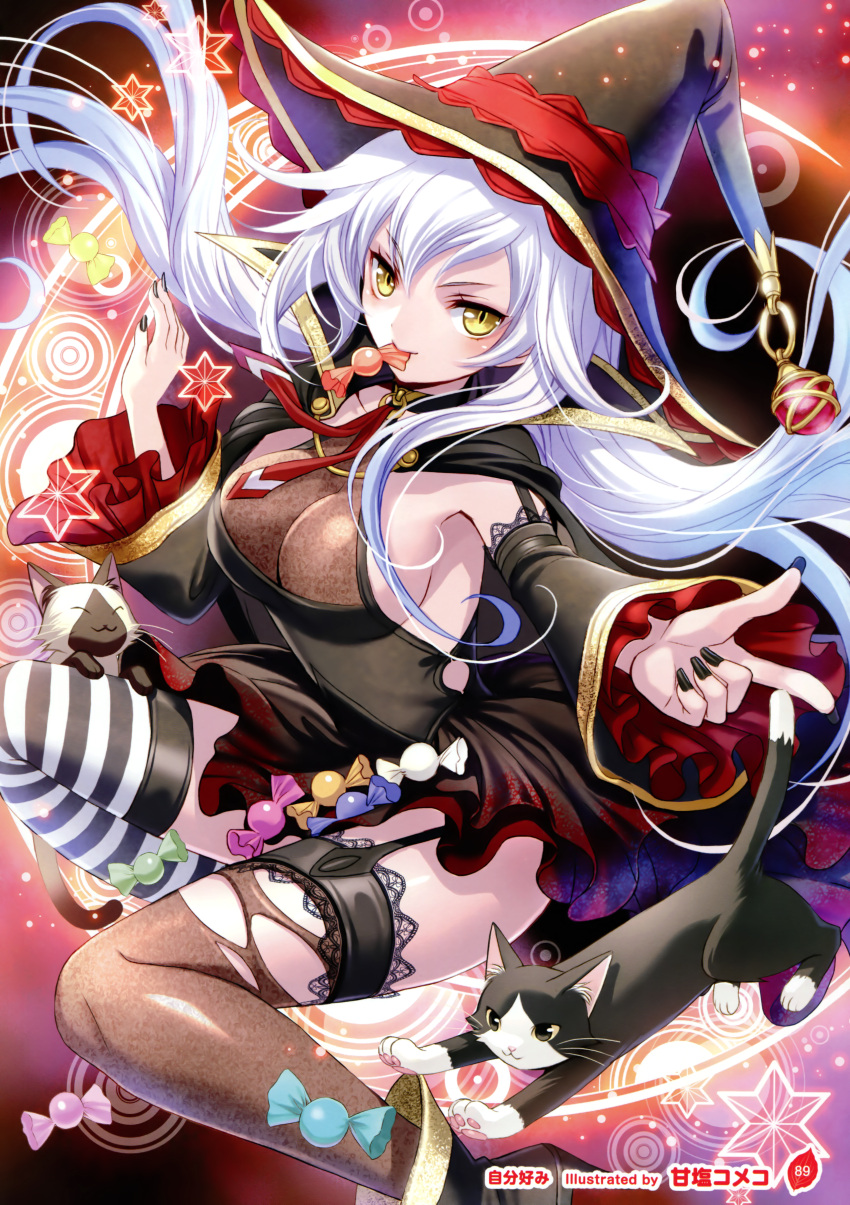 1girl absurdres amazio_komeko black_legwear breasts candy cape cat cleavage detached_sleeves female garter_straps hat highres huge_filesize large_breasts long_hair manicure mismatched_legwear mouth_hold sideboob slit_pupils solo striped striped_legwear thigh-highs torn_clothes torn_thighhighs white_hair witch_hat yellow_eyes
