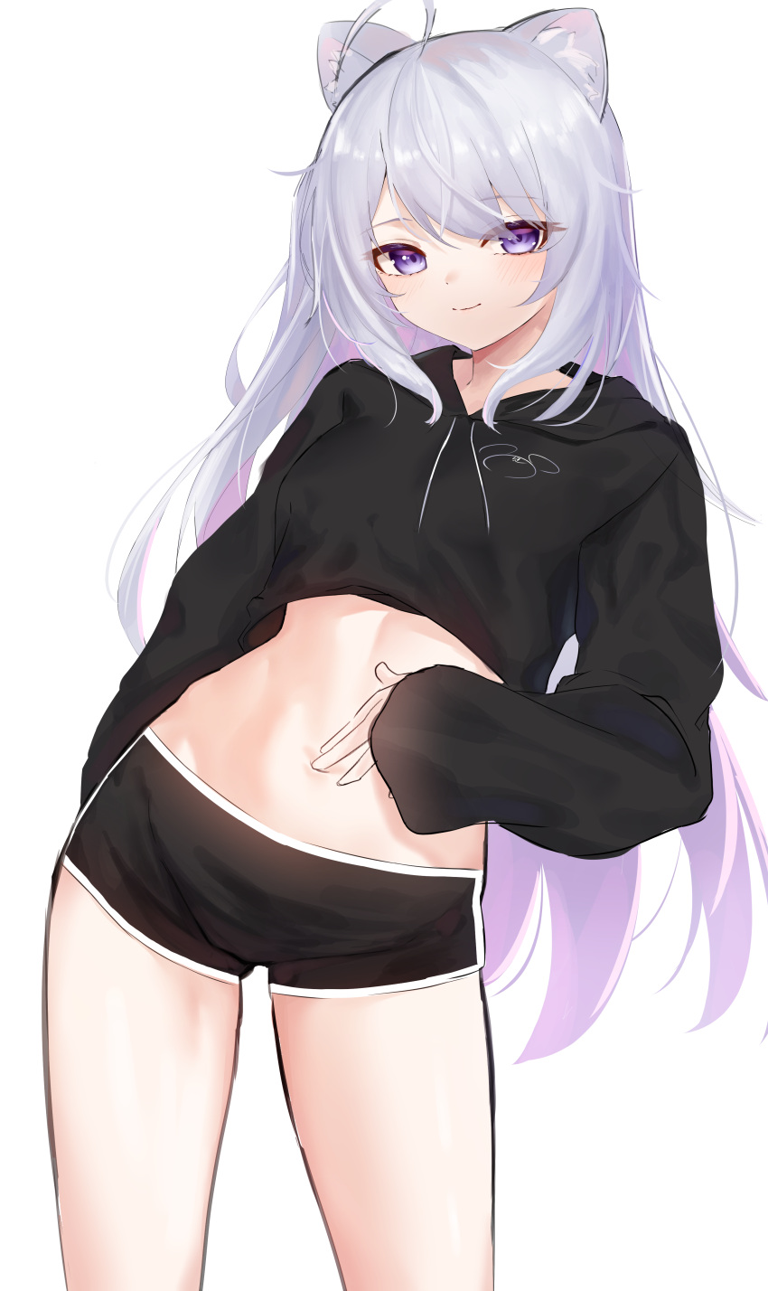1girl absurdres ahoge animal_ears black_shirt black_shorts breasts contrapposto crop_top crop_top_overhang dolphin_shorts drawstring hand_on_own_stomach highres hood hood_down kuki_panda_(wkdwnsgk13) long_hair long_sleeves looking_at_viewer medium_breasts micro_shorts midriff navel revealing_clothes shirt short_shorts shorts simple_background smile solo standing stomach thighs very_long_hair violet_eyes vrchat white_background white_hair