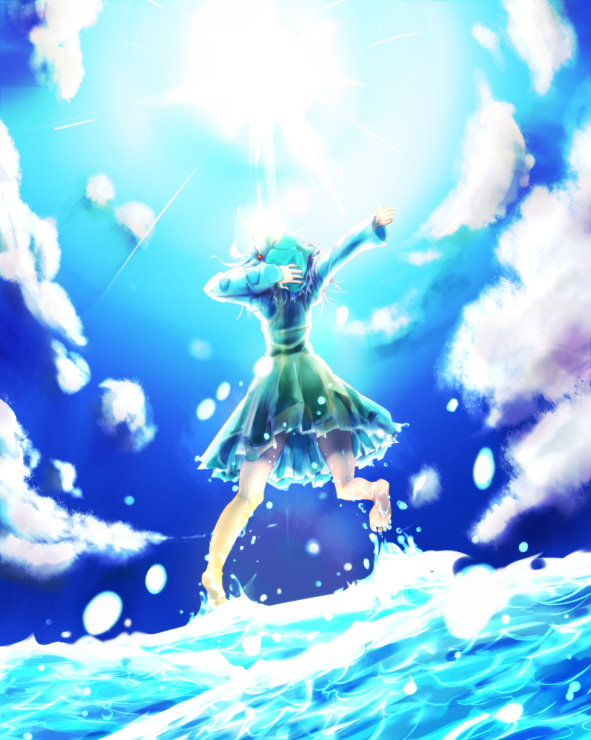 1girl arm_behind_back arms_up bakuha bare_legs barefoot blue_dress blue_hair blue_sky clouds cloudy_sky dress from_behind hair_bobbles hair_ornament hand_on_head hat highres holding holding_hat jumping kawashiro_nitori light_rays ocean outstretched_arm short_hair skirt skirt_set sky soles solo standing standing_on_water sunbeam sunlight touhou twintails water waves wet