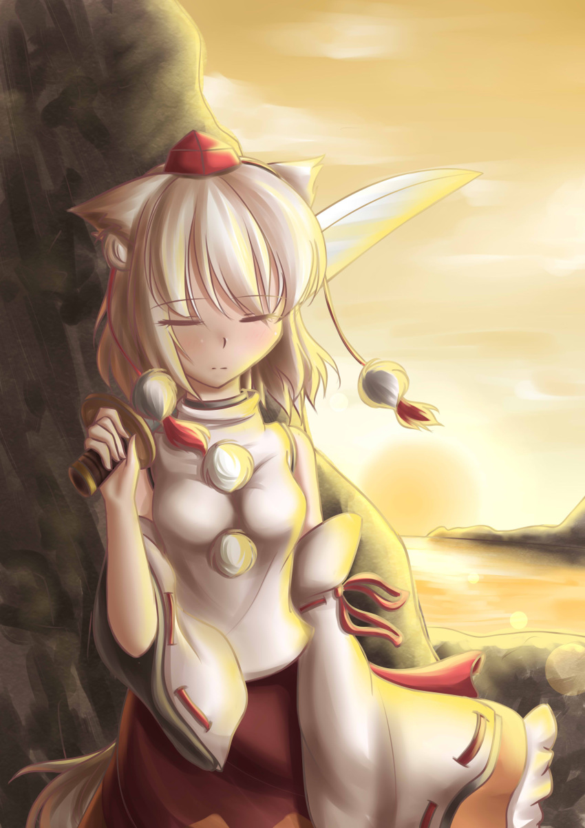 1girl absurdres animal_ears bare_shoulders breasts closed_eyes detached_sleeves dior-zi hat highres inubashiri_momiji long_sleeves mountain over_shoulder pom_pom_(clothes) short_hair silver_hair solo sword sword_over_shoulder tail tokin_hat touhou weapon weapon_over_shoulder wolf_ears wolf_tail