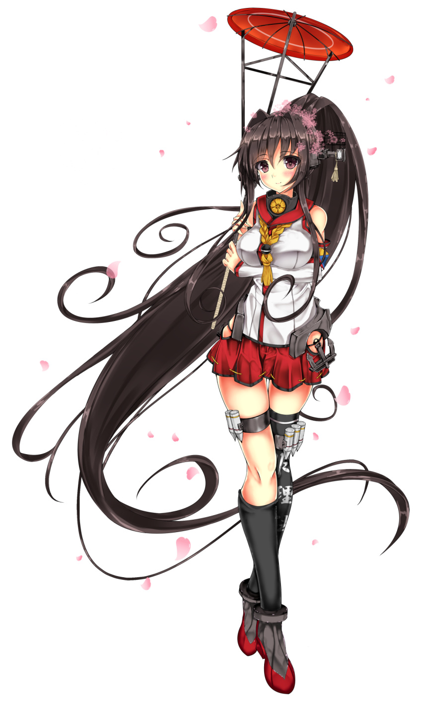 1girl absurdly_long_hair anchor black_hair black_legwear blush breast_hold breasts brown_eyes cherry_blossoms elbow_gloves facing_viewer flower full_body gloves hair_flower hair_ornament haruno_nanakusa headgear highres holding kantai_collection kneehighs large_breasts long_hair looking_at_viewer oriental_umbrella petals pleated_skirt ponytail red_skirt simple_background single_kneehigh single_thighhigh skirt smile solo standing thigh-highs thigh_strap type_91_armor-piercing_shell umbrella very_long_hair white_background white_gloves yamato_(kantai_collection)