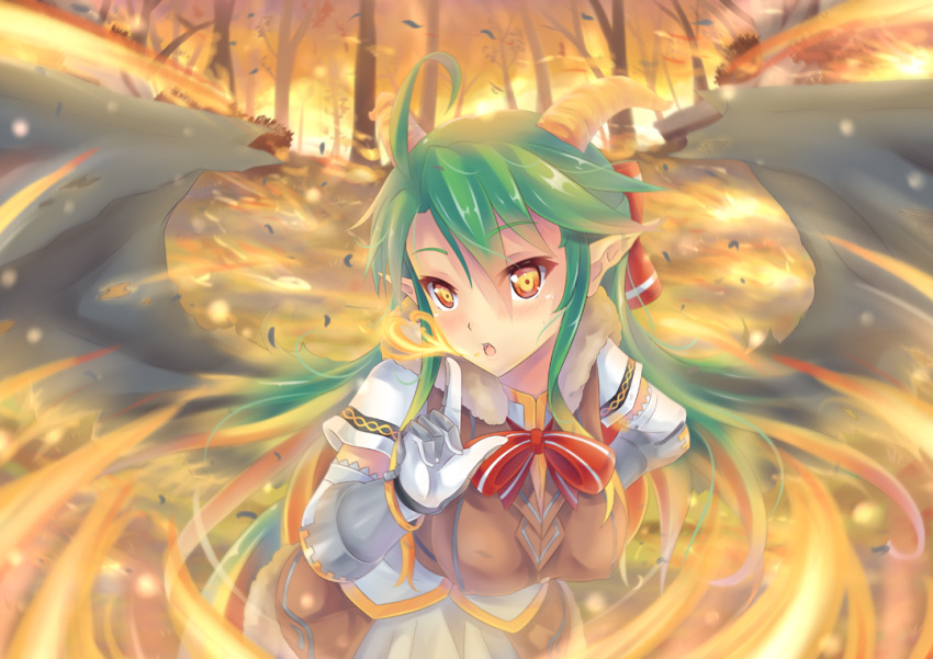 1girl ahoge bangle bow bracelet demon_girl demon_wings dunceneygak fire forest fur_trim gloves green_hair hair_bow horns jewelry long_hair looking_at_viewer nature orange_eyes original payot pointy_ears solo wings