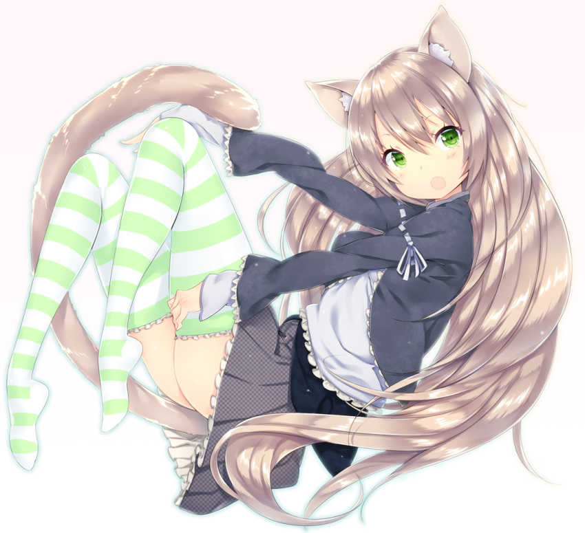 1girl animal_ears blush brown_hair cat_ears cat_tail green_eyes long_hair looking_at_viewer open_mouth original simple_background skirt solo striped striped_legwear tail thigh-highs very_long_hair white_background zizi_(zz22)