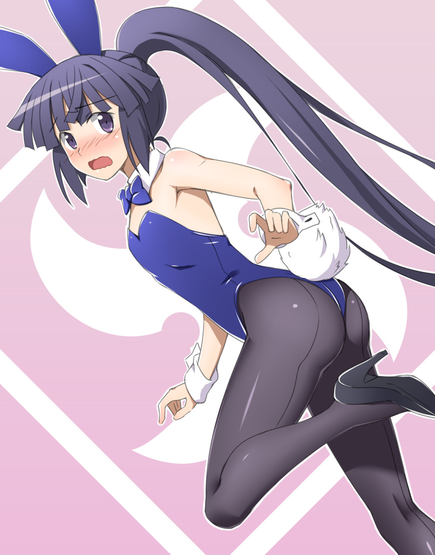 1girl akatsuki_(log_horizon) alternate_costume animal_ears ass bare_shoulders black_legwear bowtie bunny_tail bunnysuit detached_collar embarrassed high_heels highres ike_masato leotard log_horizon long_hair looking_back pantyhose ponytail purple_background purple_hair rabbit_ears shiny shiny_clothes solo tail very_long_hair violet_eyes wavy_mouth