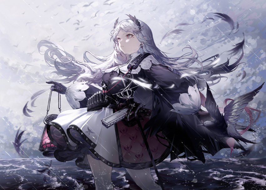1girl absurdres ammunition_belt arknights bird black_gloves black_jacket breasts capelet closed_mouth clouds cloudy_sky cowboy_shot day feathers gloves grey_eyes grey_hair gun head_wings high-waist_skirt highres holding holding_lantern irene_(arknights) jacket lantern long_hair long_sleeves medium_breasts ocean outdoors pantyhose print_skirt puffy_long_sleeves puffy_sleeves purple_skirt rain ranol1215 rapier sheath sheathed skirt sky solo sunlight sword very_long_hair water weapon white_capelet white_legwear white_skirt