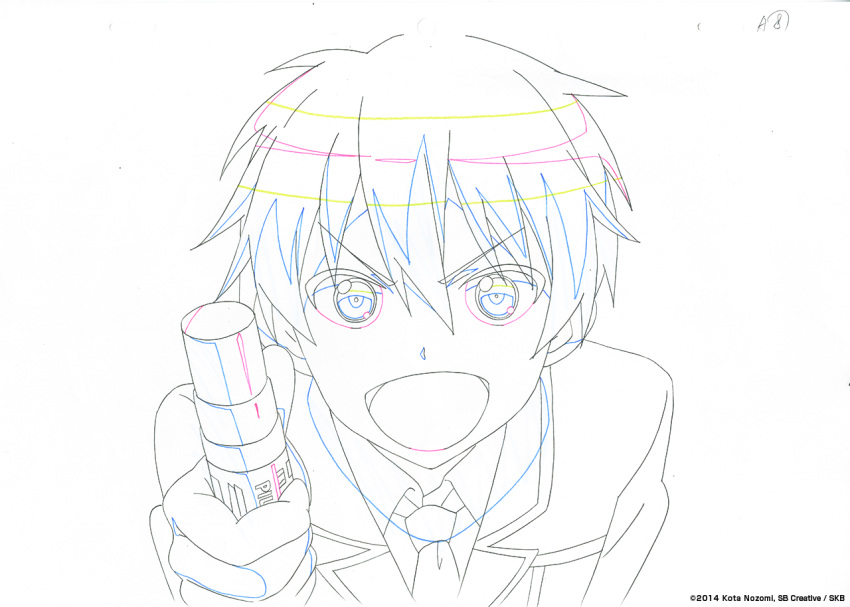 1boy :d andou_jurai inou-battle_wa_nichijou-kei_no_naka_de key_frame looking_at_viewer marker messy_hair mouth necktie official_art open_mouth partially_colored production_art production_note school_uniform short_hair smile solo trigger_(company) white_background