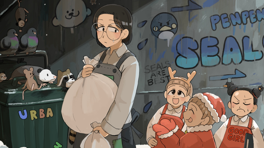 4girls :d absurdres apron bird black_hair brown_hair diva_(hyxpk) donut_stamp double_bun duck english_commentary fake_antlers frown girl_with_boyish_hair_(diva) glasses graffiti grey_apron hair_bun hat highres jacket mittens mouse_(animal) multiple_girls opossum overalls pigeon red_jacket red_mittens red_overalls round_eyewear santa_hat shirt short_hair smile survey_girl_(diva) tanuki topknot_girl_(diva) trash_bag trash_can urban_area_keeper_(diva) white_shirt zoo zookeeper zookeepers_(diva)