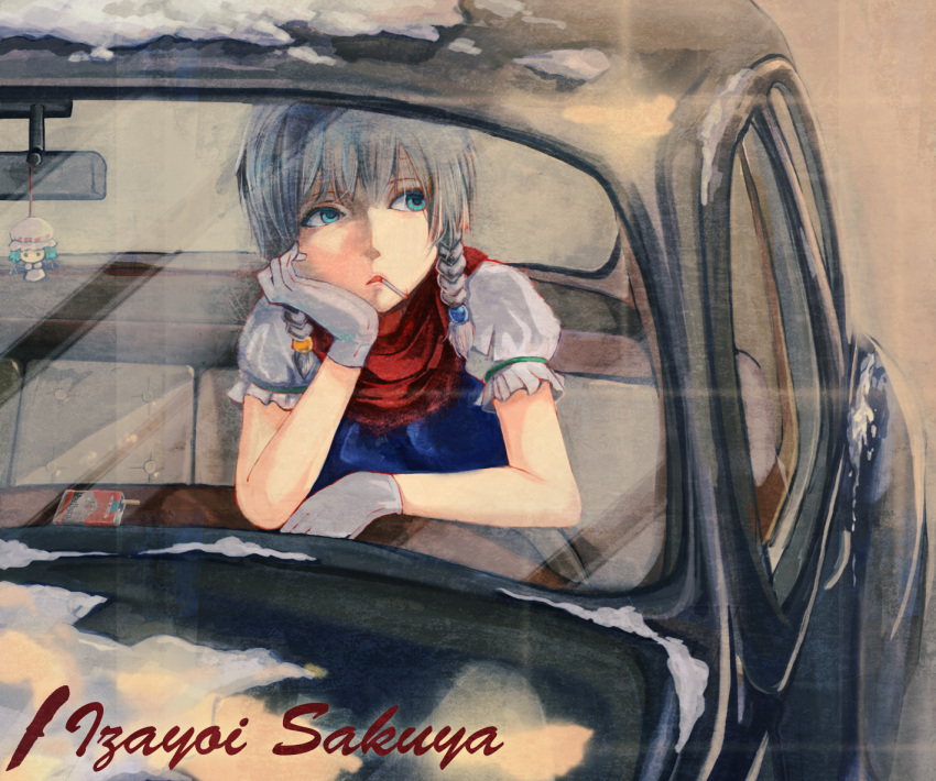 1girl braid car character_doll character_name chin_rest cigarette cigarette_box facing_viewer gan_ma gleam gloves izayoi_sakuya looking_away looking_to_the_side motor_vehicle mouth_hold puffy_short_sleeves puffy_sleeves rear-view_mirror scarf short_sleeves silver_hair sitting smoking snow solo touhou twin_braids vehicle white_gloves window