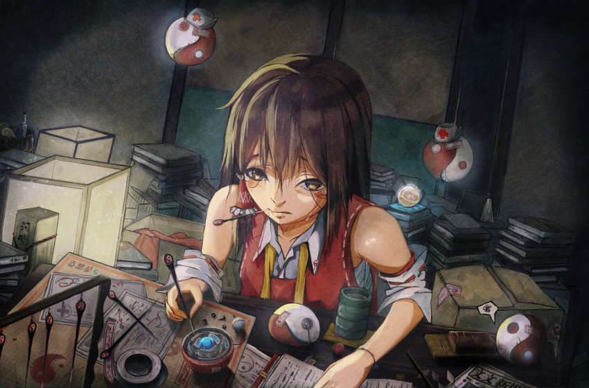 1girl alternate_hairstyle ascot barrel book_stack bottle box brown_eyes brown_hair clutter cup desk detached_sleeves diagram gan_ma gohei hair_down hair_strand hakurei_reimu highres indoors lamp messy_hair mouth_hold needle no_headwear ofuda orb paper repairing ribbon-trimmed_sleeves ribbon_trim sarashi screw sitting sleeves_rolled_up solo spoken_squiggle squiggle table tape teacup tears touhou untied yin_yang