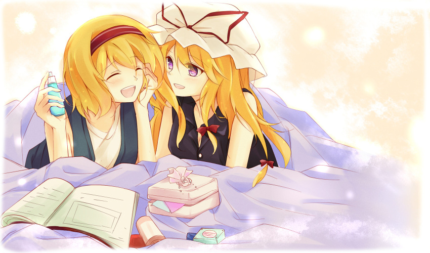 2girls alice_margatroid bed bed_sheet blonde_hair book closed_eyes couple faech hat hat_ribbon headband highres holding laughing looking_at_another mob_cap multiple_girls open_book open_mouth perfume_(cosmetics) ribbon sleeveless smile tagme touhou violet_eyes yakumo_yukari