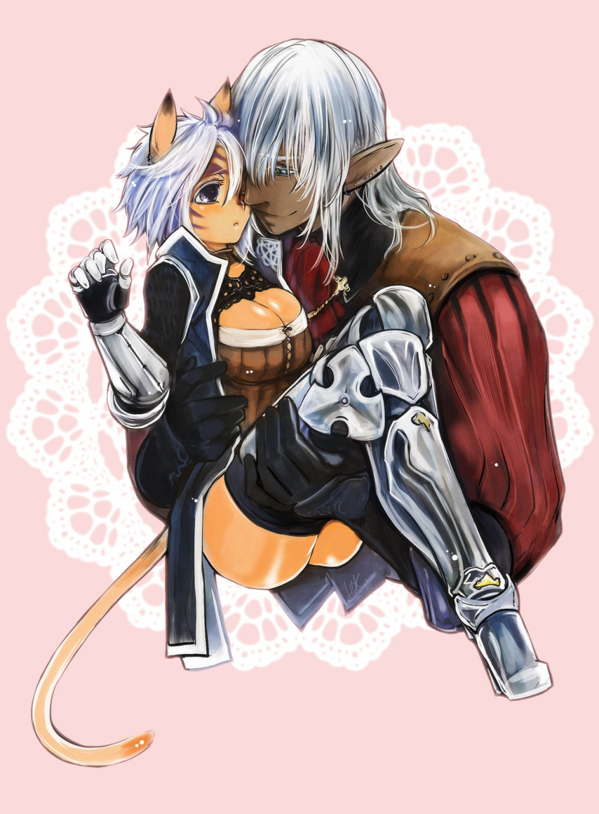 1boy 1girl animal_ears black_gloves black_legwear blush breasts bust bustier carrying cat_ears cat_tail cleavage dark_skin doraeshi ear_studs earrings elezen elf facial_tattoo final_fantasy final_fantasy_xiv gauntlets gloves greaves hetero highres jewelry large_breasts long_hair miqo'te pointy_ears princess_carry short_hair shoulder_pads silver_hair size_difference tail tattoo thigh-highs whisker_markings