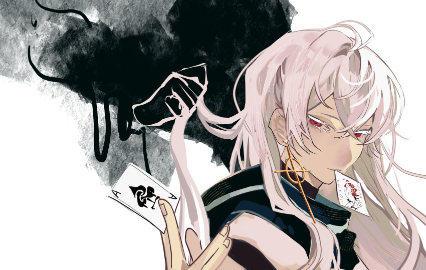 1boy absurdres ace_(playing_card) card card_in_mouth chinese_commentary colored_eyelashes commentary_request crossed_bangs disembodied_hand earrings eyelashes gao_tongren_wanjiebufu glint hair_between_eyes highres jewelry joker_(playing_card) long_hair male_focus mouth_hold playing_card portrait red_eyes thriller_trainee white_hair zong_jiu