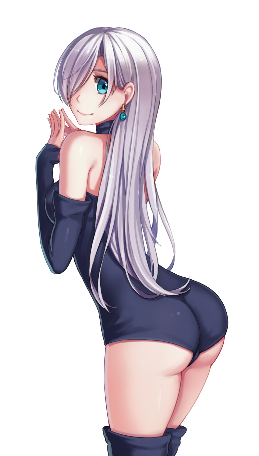 1girl absurdres aqua_eyes ass bare_shoulders earrings elizabeth_liones hair_over_one_eye highres jewelry leotard long_hair looking_back nanatsu_no_taizai nian silver_hair smile solo steepled_fingers thigh-highs very_long_hair white_background