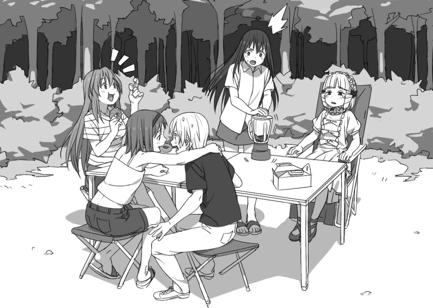 1boy 4girls arm_around_neck bagel blender blending chair doughnut drill_hair eating forest gokukoku_no_brynhildr hairband hand_on_another's_shoulder kazumi_schlierenzauer kinosuke_(sositeimanoga) kuroha_neko lolita_fashion long_hair maid_headdress monochrome mouth_hold multiple_girls murakami_ryouta nature outdoors paralysis sandals shirt skirt stool striped striped_shirt sweatdrop table tachibana_kana takatori_kotori takeout_box tears