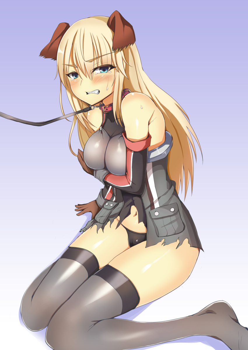 1girl absurdres animal_ears bare_shoulders bismarck_(kantai_collection) black_panties blonde_hair blue_eyes blush body_blush breast_hold breasts clenched_teeth collar dog_collar dog_ears elbow_gloves gloves gogotii gradient gradient_background grey_legwear hat highres kantai_collection kemonomimi_mode knees_together_feet_apart knees_touching leash long_hair looking_at_viewer military military_uniform panties peaked_cap sitting solo sweat thigh-highs torn_clothes underwear uniform