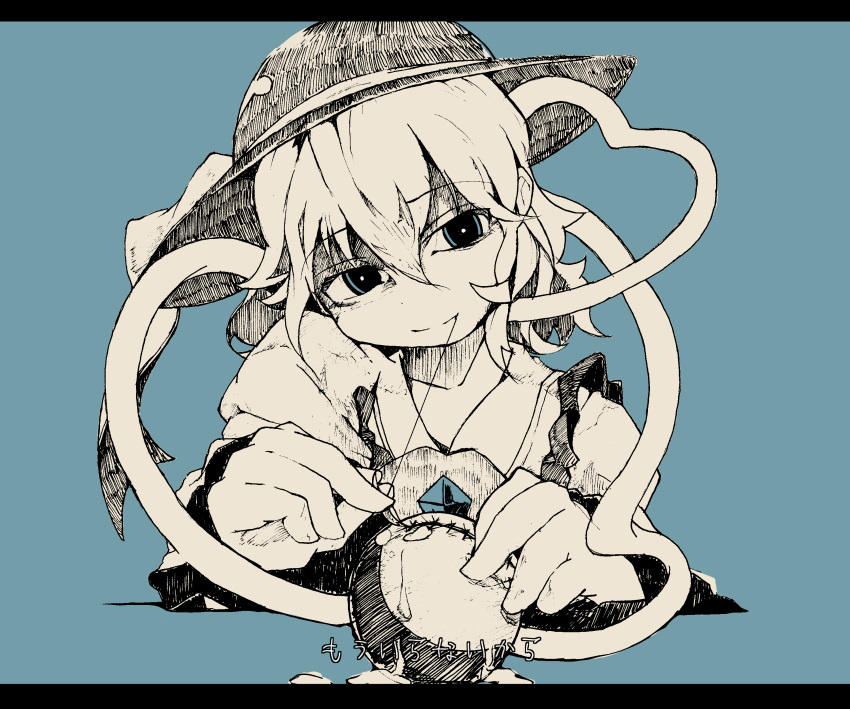 1girl absurdres ascot blouse bust closed_eyes flanvia green_background hair_between_eyes hat hat_ribbon head_tilt highres komeiji_koishi letterboxed light_smile long_sleeves needle ribbon ringed_eyes shirt short_hair simple_background smile solo stitched stitches stitching string third_eye touhou