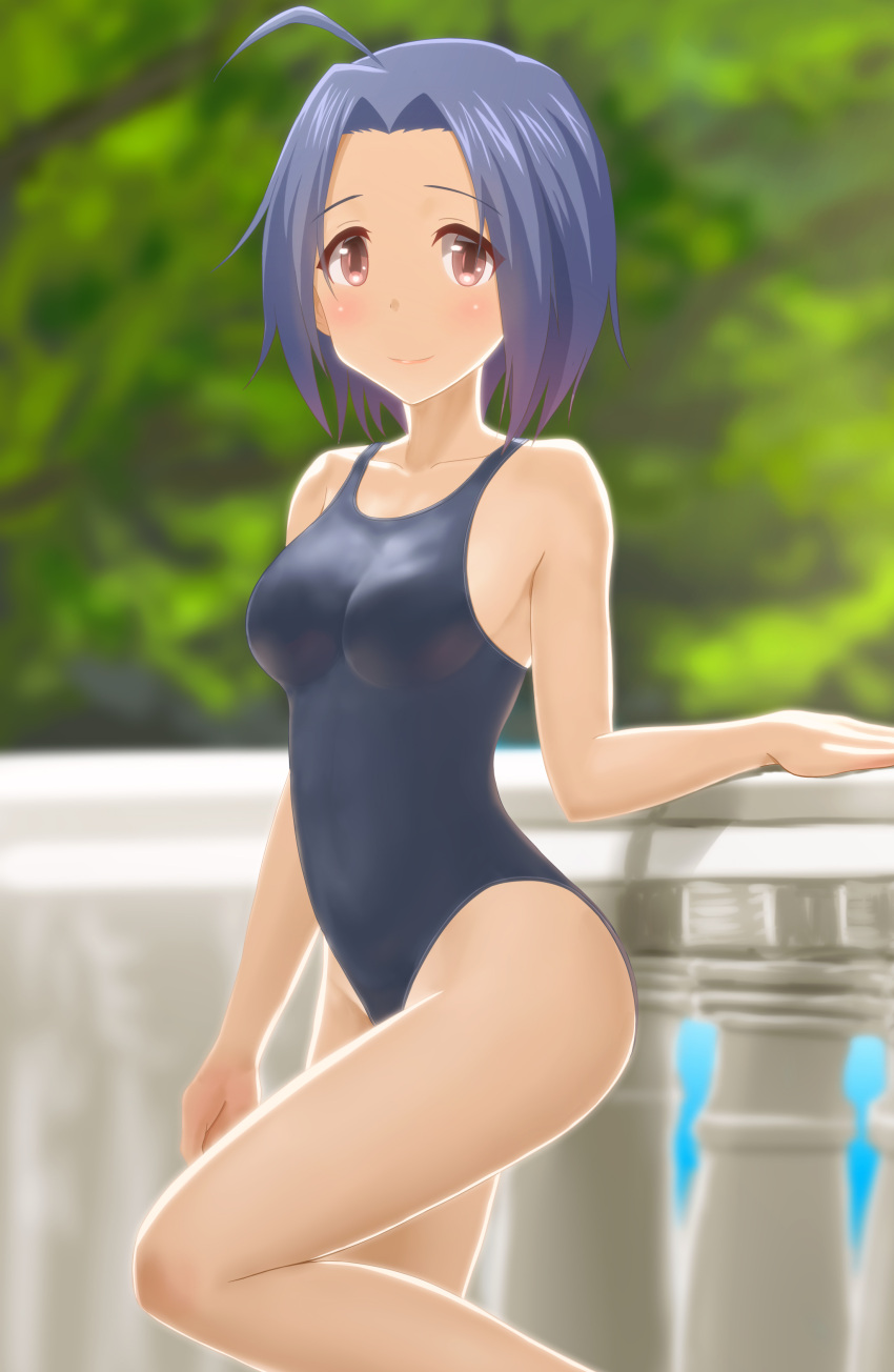 1girl absurdres blue_hair competition_swimsuit highres idolmaster miura_azusa one-piece_swimsuit red_eyes short_hair swimsuit takahirokun