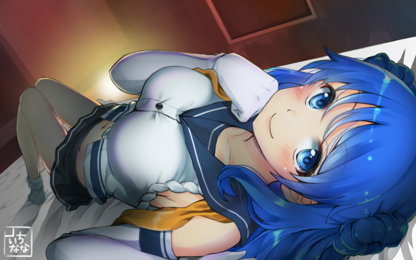 blue_eyes blue_hair blush breasts collarbone double_bun elbow_gloves from_above gloves kantai_collection knees_together_feet_apart large_breasts long_hair looking_at_viewer looking_up lying midriff mokyutan navel on_back on_bed pleated_skirt sailor_collar school_uniform serafuku short_sleeves skirt smile socks untied urakaze_(kantai_collection) white_gloves
