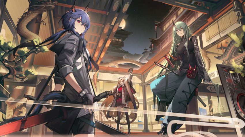 3girls ;d absurdres animal_ears arknights arm_up bag bangs black_gloves black_jacket black_legwear blonde_hair blue_hair breasts ch'en_(arknights) closed_mouth dragon_girl dragon_horns dragon_tail dress fingerless_gloves folding_fan from_side full_moon gloves green_eyes green_hair grey_pants hair_between_eyes hand_fan hand_on_hip highres holding holding_fan horns hoshiguma_(arknights) hoshiguma_(patrolling_ronin)_(arknights) jacket large_breasts leg_up long_hair long_sleeves looking_at_viewer looking_to_the_side low_ponytail mask medium_breasts moon multicolored_hair multiple_girls nagito night night_sky one_eye_closed oni_mask open_clothes open_jacket outdoors pagoda pants parted_bangs parted_lips pouch red_dress red_eyes redhead shawl sheath sheathed shield shirt shoulder_bag single_horn sitting skin-covered_horns sky smile star_(sky) starry_sky streaked_hair swire_(arknights) swire_(honor_and_splendor)_(arknights) tail tail_through_clothes thigh-highs tiger_ears tiger_girl tiger_tail two-tone_hair underbust v-shaped_eyebrows very_long_hair white_shirt yellow_eyes