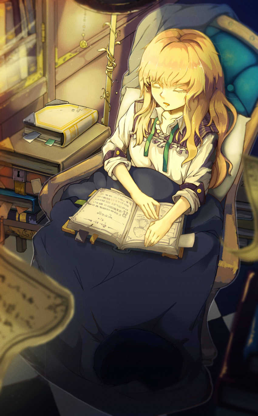 1girl absurdres black_skirt blonde_hair book book_stack bookmark casual chair checkered checkered_floor closed_eyes collared_shirt drooling gan_ma hair_down highres indoors kirisame_marisa lamp lamppost lampshade long_sleeves no_hat open_mouth shelf shirt sitting skirt sleeping sleeves_rolled_up solo touhou unbuttoned wavy_hair white_shirt