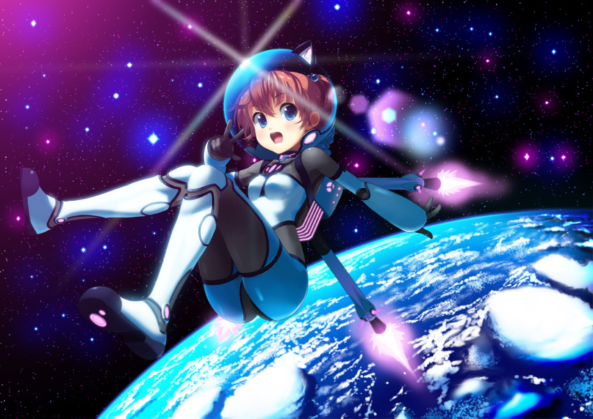 1girl blue_eyes bodysuit boots brown_hair earth floating gloves hair_bobbles hair_ornament helmet highres open_mouth original ponytail science_fiction setsuo_(chohonsoku) short_hair skin_tight solo space spacesuit star