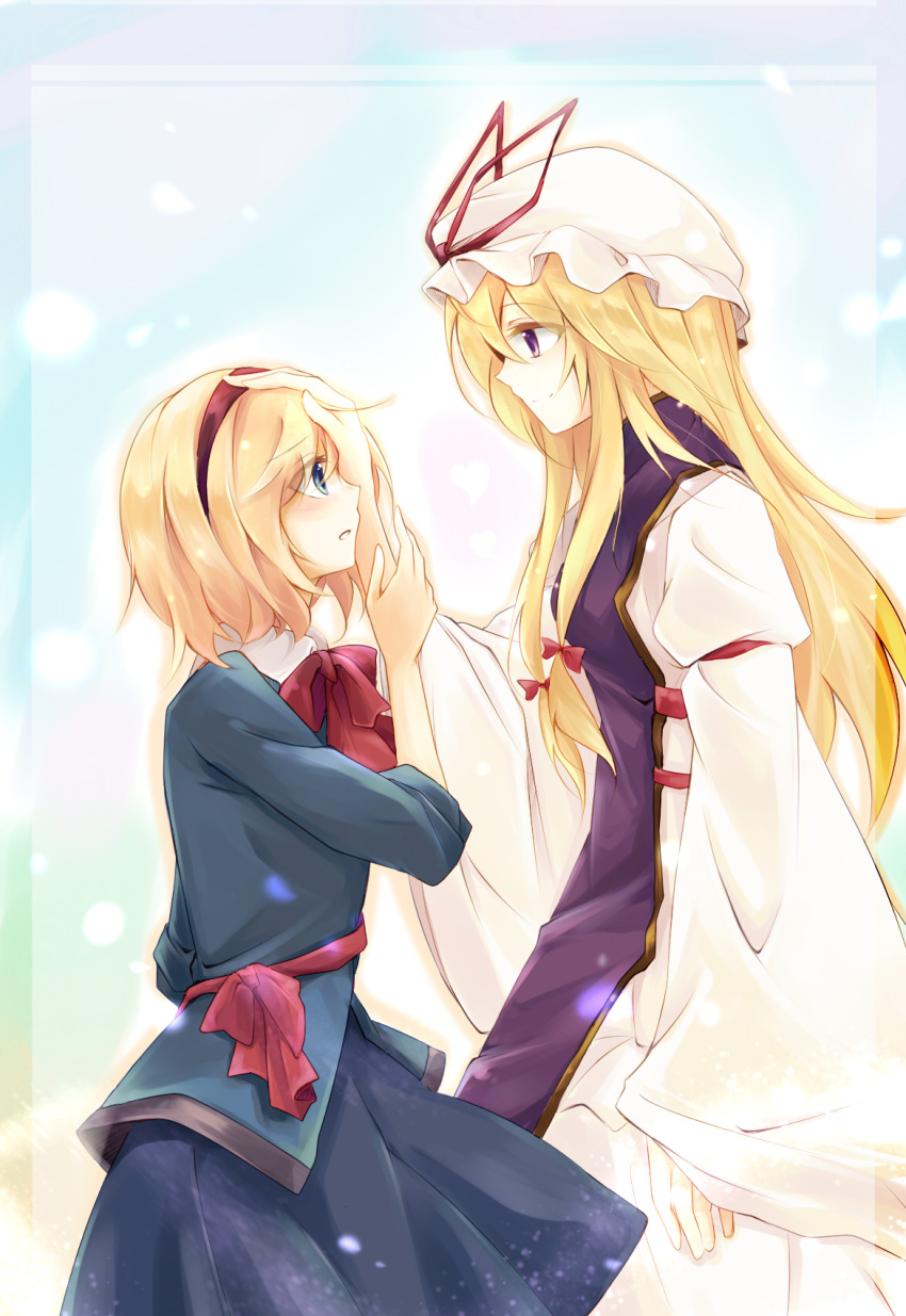 2girls alice_margatroid alternate_costume armband blonde_hair blue_eyes blue_skirt bow dress eyes_visible_through_hair faech hair_bow hand_on_another's_head hat hat_ribbon heart highres long_hair long_sleeves looking_at_another mob_cap multiple_girls parted_lips petals raised_hand ribbon short_hair skirt smile snow sweater tabard touhou violet_eyes white_dress wide_sleeves yakumo_yukari