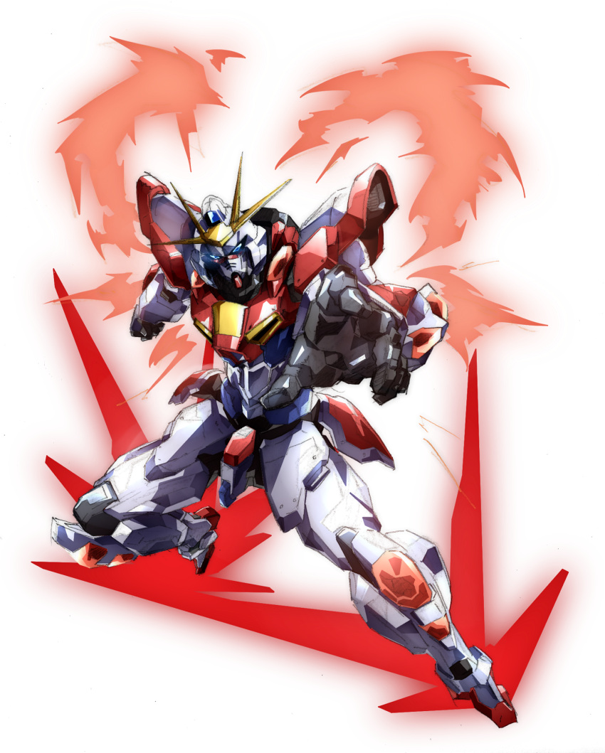 build_burning_gundam fire foreshortening gundam gundam_build_fighters gundam_build_fighters_try highres mecha no_humans outstretched_hand slept_(re_mix)