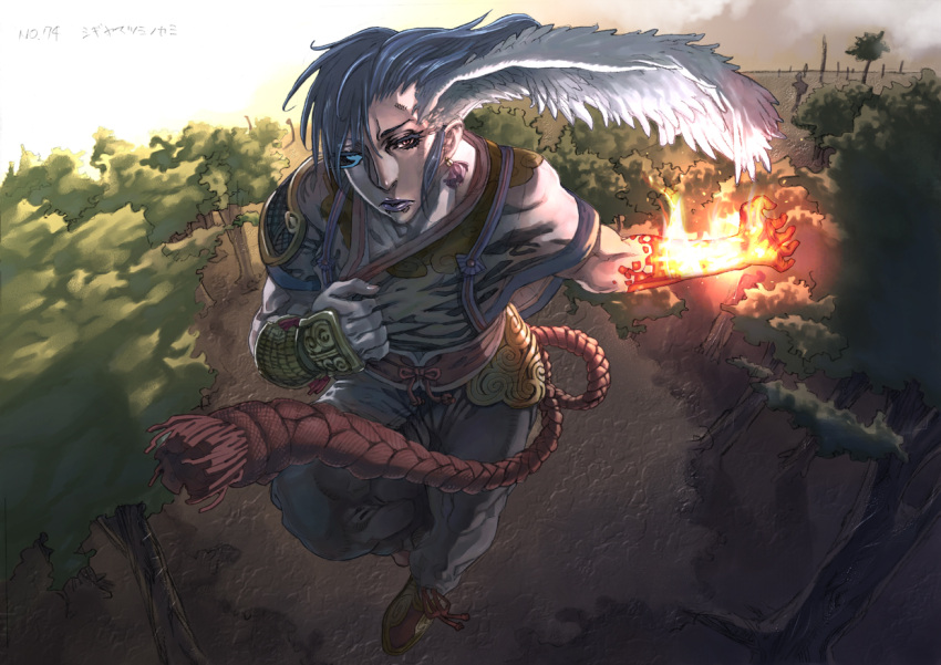 armor blue_hair dutch_angle earrings feathers fire foreshortening forest head_wings jewelry male muscle nature personification rahxephon tattoo wings zunta zunta073
