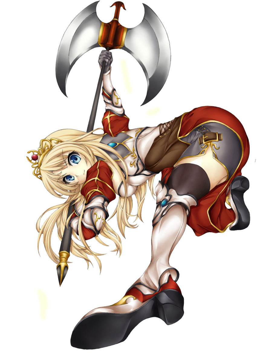axe blonde_hair blue_eyes boots crown highres original silent123 solo thigh-highs thighhighs weapon