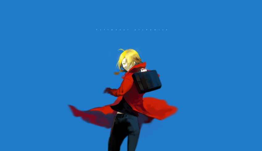 ahoge amber_eyes bad_id blonde_hair braid coat edward_elric fullmetal_alchemist golden_eyes hair_over_one_eye kaninn long_hair male ponytail simple_background solo suitcase yellow_eyes