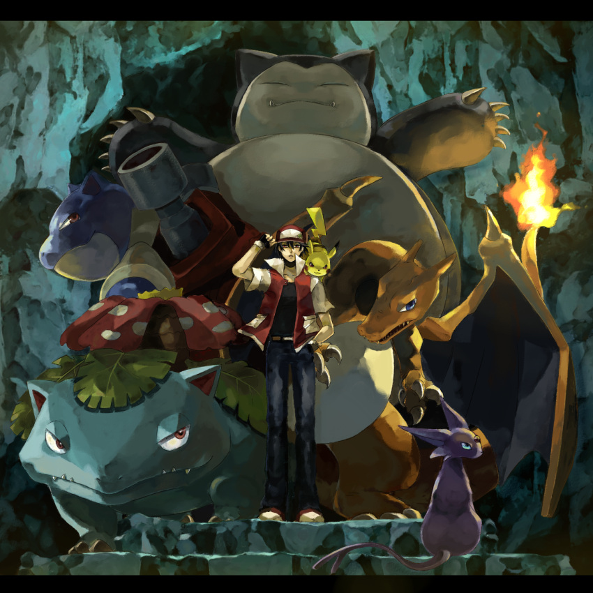 1boy baseball_cap blastoise cannon cave charizard claws dragon epic espeon fire hat highres jacket jeans open_arms outstretched_arms pikachu pokemon pokemon_(creature) pokemon_(game) pokemon_gsc pokemon_rgby popped_collar red_(pokemon) snorlax spread_arms usao_(313131) venusaur waiting wings