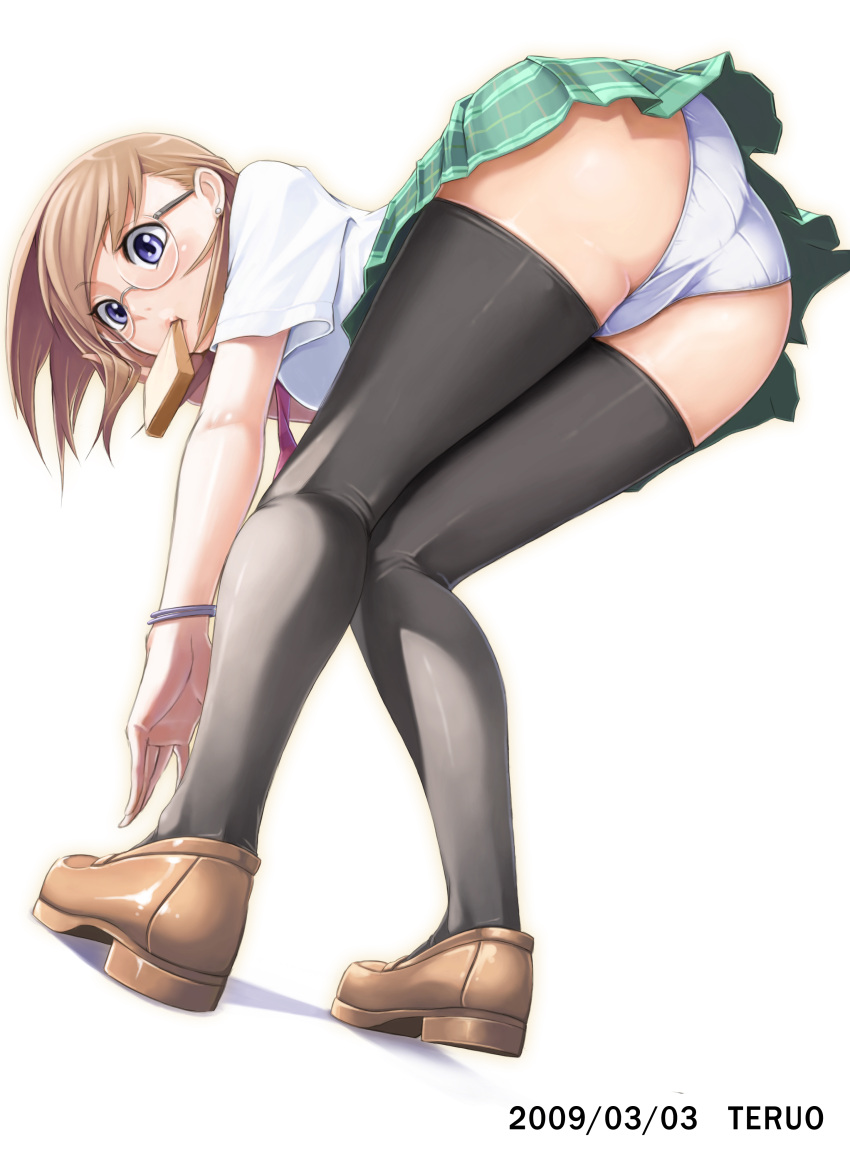 ass bent_over black_legwear blonde_hair blouse blue_eyes blush bracelet bread earrings food glasses highres jewelry legs looking_back miniskirt mouth_hold original panties pantyshot plaid plaid_skirt pleated_skirt shoes skirt solo standing tartan tel-o teruo thigh-highs thighhighs thighs toast toast_in_mouth underwear upskirt white_panties