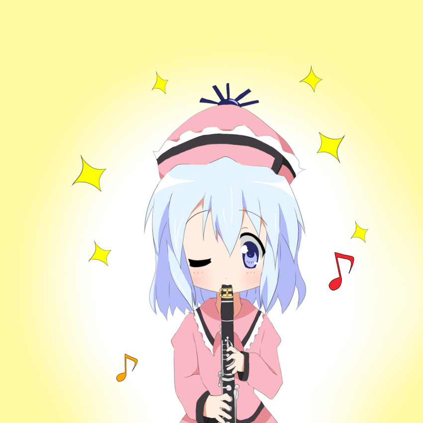 blue_hair chiro-minami clarinet hat highres hiiragi_tsukasa instrument lucky_star merlin_prismriver musical_note parody short_hair solo style_parody touhou wink