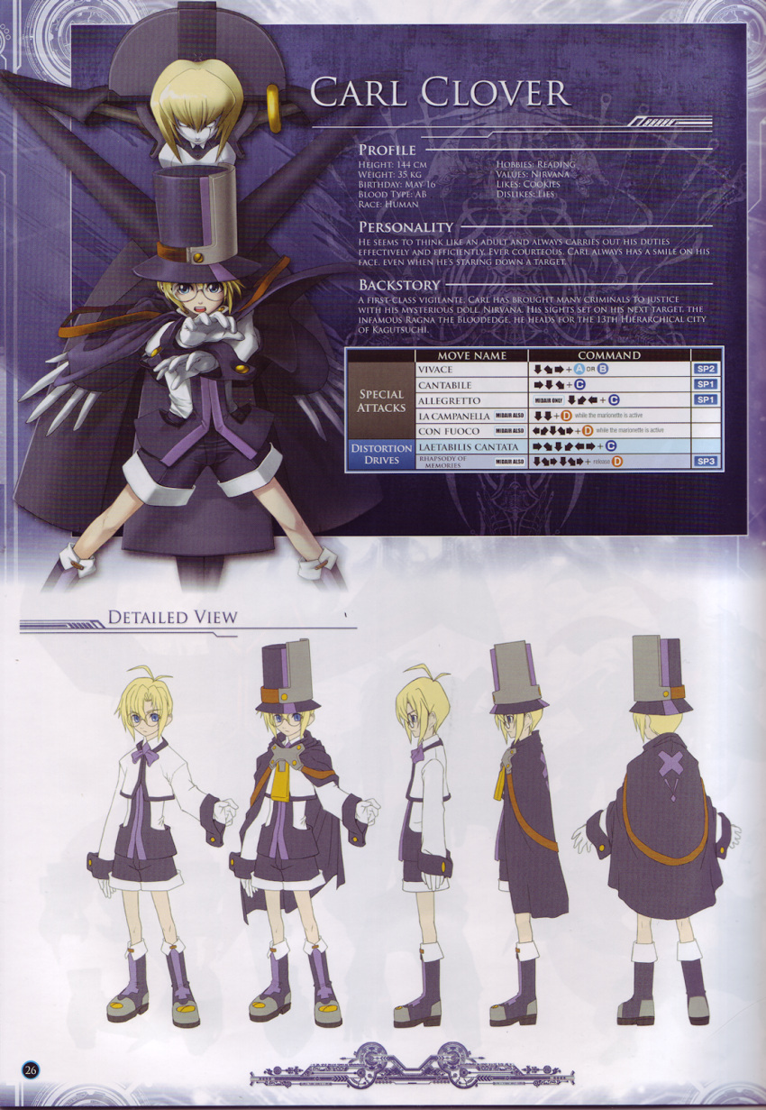 blonde_hair blue_eyes boots cape carl_clover character_name claws concept_art english glasses hat headdress highres long_arms male marionette nirvana official_art scan single_earring special_moves stats top_hat